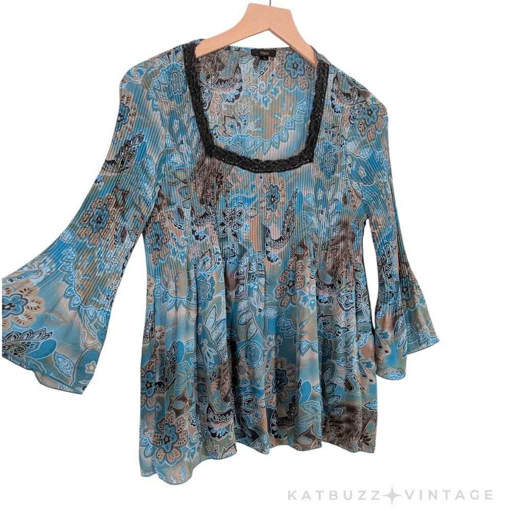 Plisse 3/4 Sleeve Top L Blue Brown Crinkle Bell Whimsiogoth Fairy Boho Lace Y2K